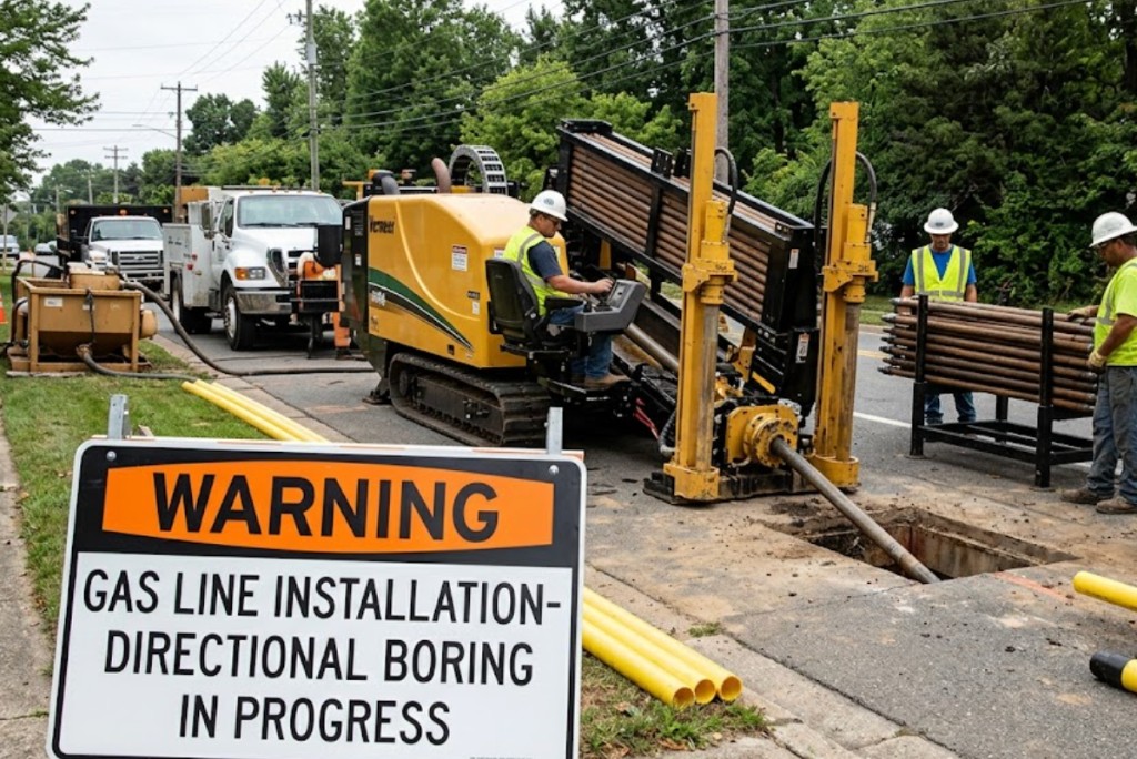 Directional boring gas line installation in progress on residential street with Vermeer HDD equipment Texas