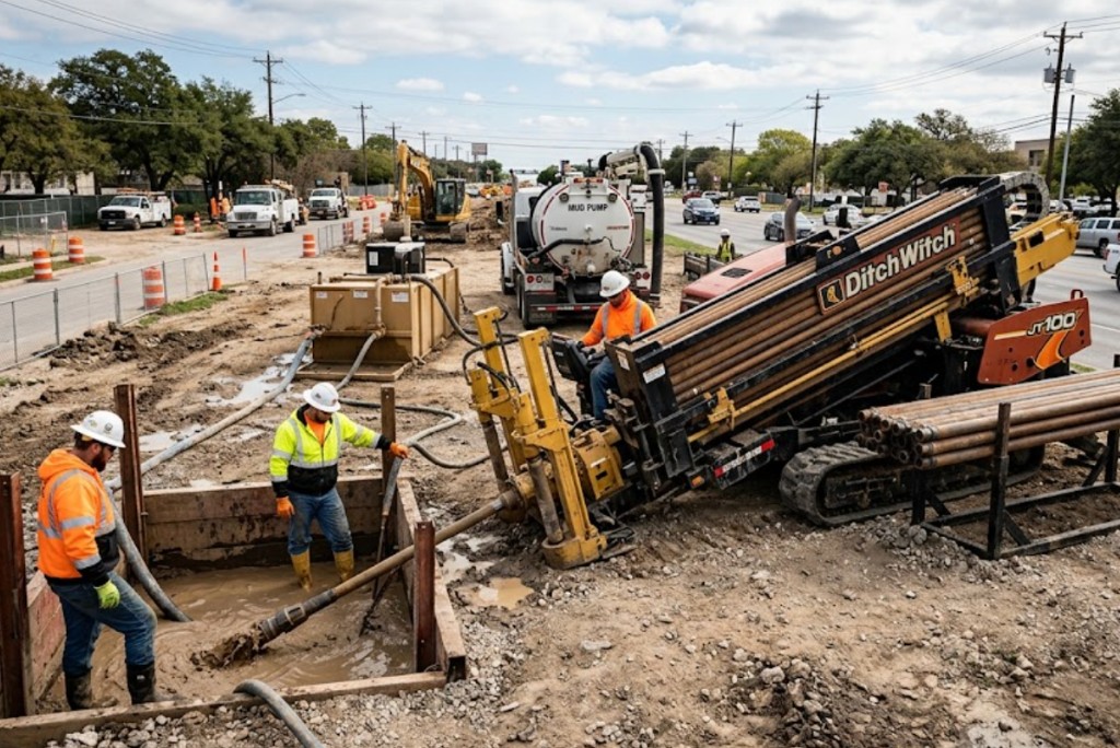 Ditch Witch horizontal directional drill rig and mud pump truck on active HDD utility construction site in Texas