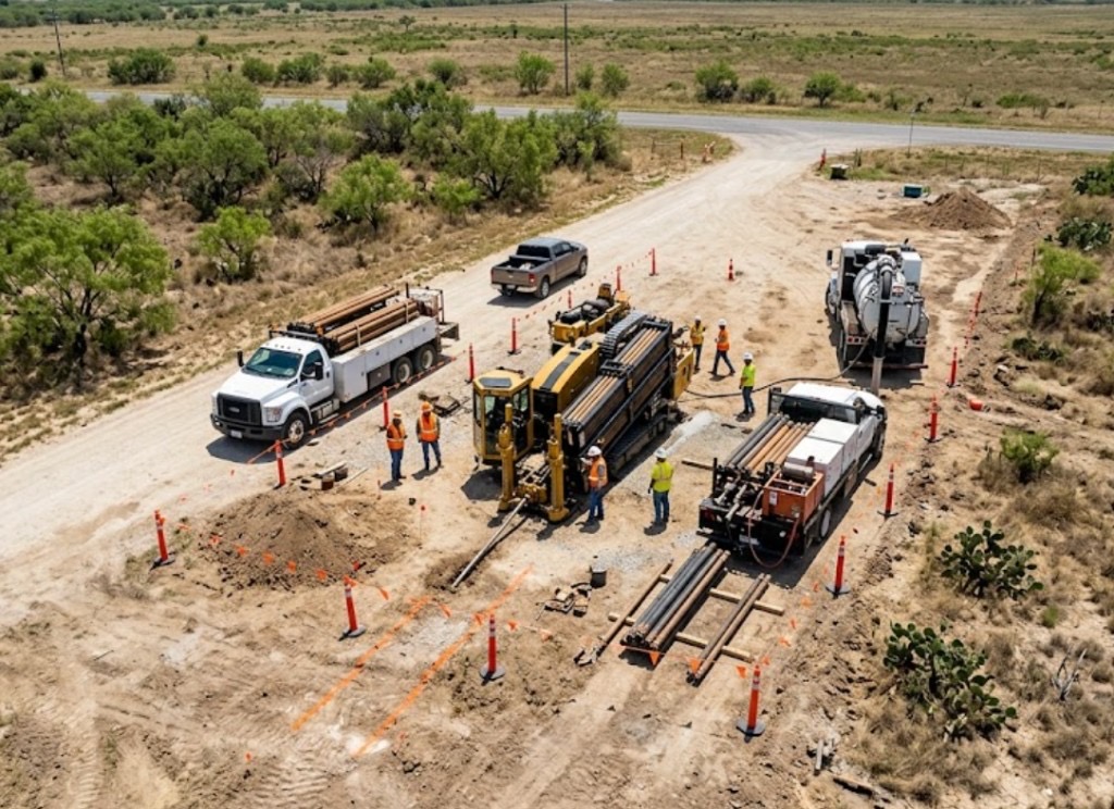 aerial view of HDD rig, vacuum truck, and safety-marked directional boring field site
