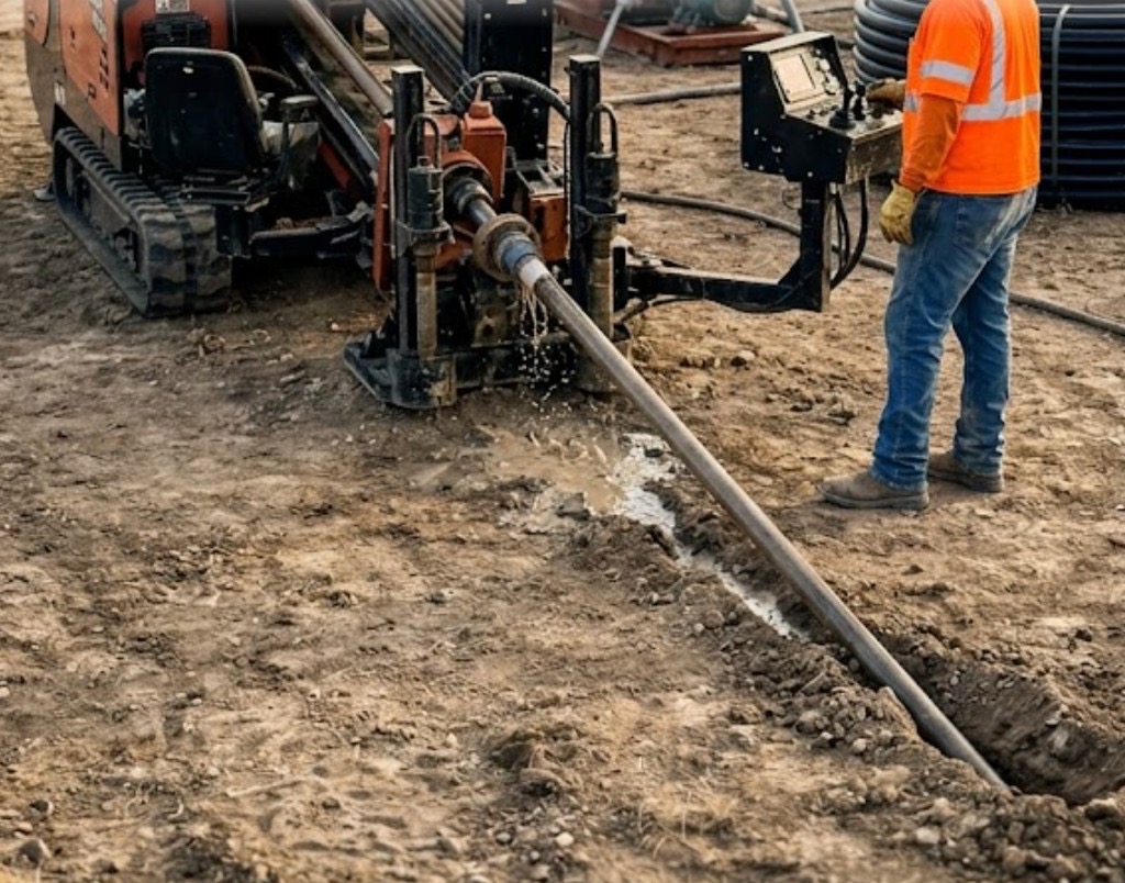 Directional drilling in Amarillo, TX — close-up of directional boring machine inserting drill pipe into entry pit with drilling fluid