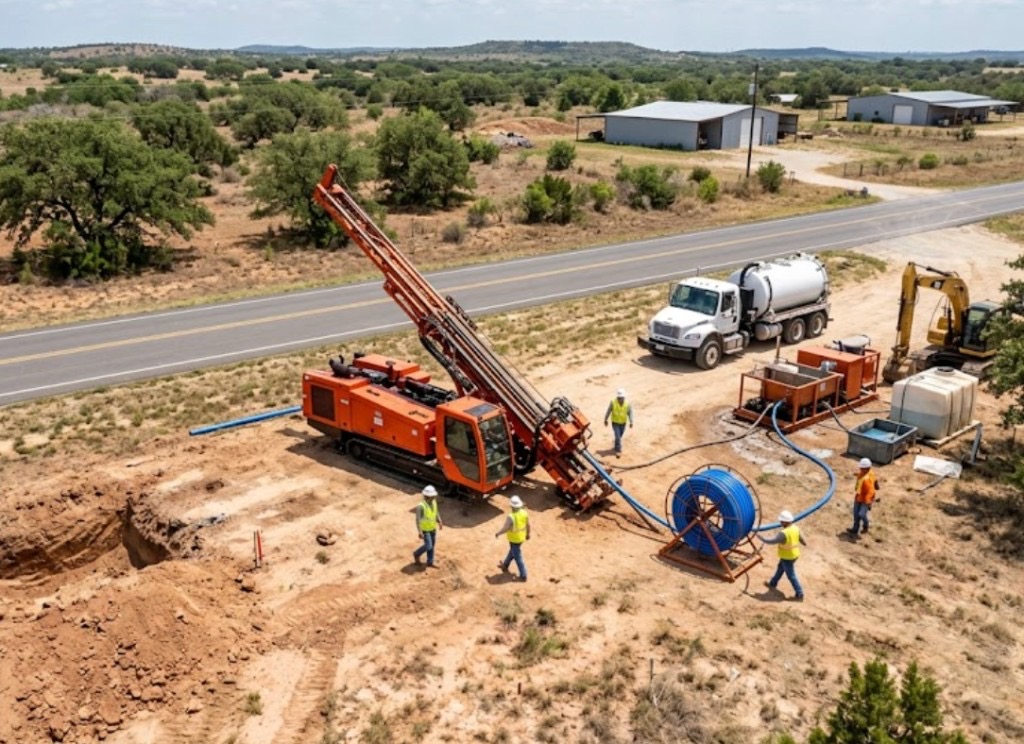 Directional drilling in Dallas, TX — orange directional drilling rig with conduit spool and crew on rural Texas bore site