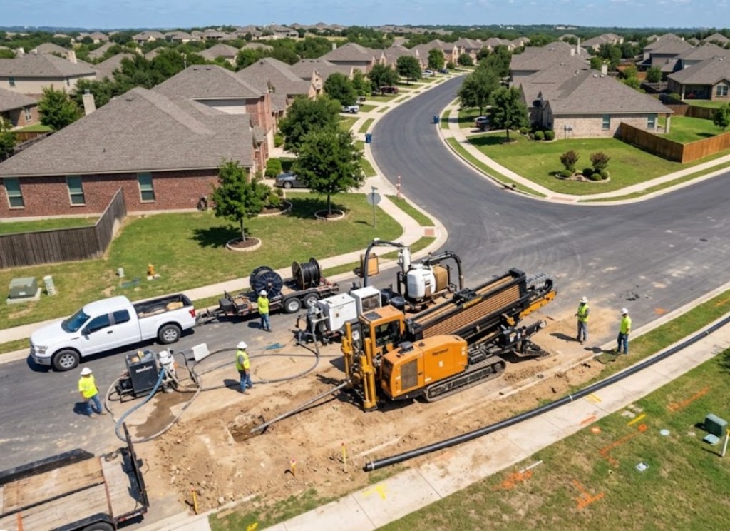 Directional drilling in Texas — Vermeer directional drill rig installing utilities in a Texas residential neighborhood with minimal surface disruption